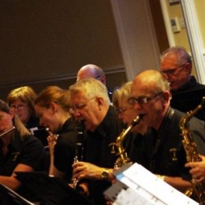 Brass band in line playing their instruments